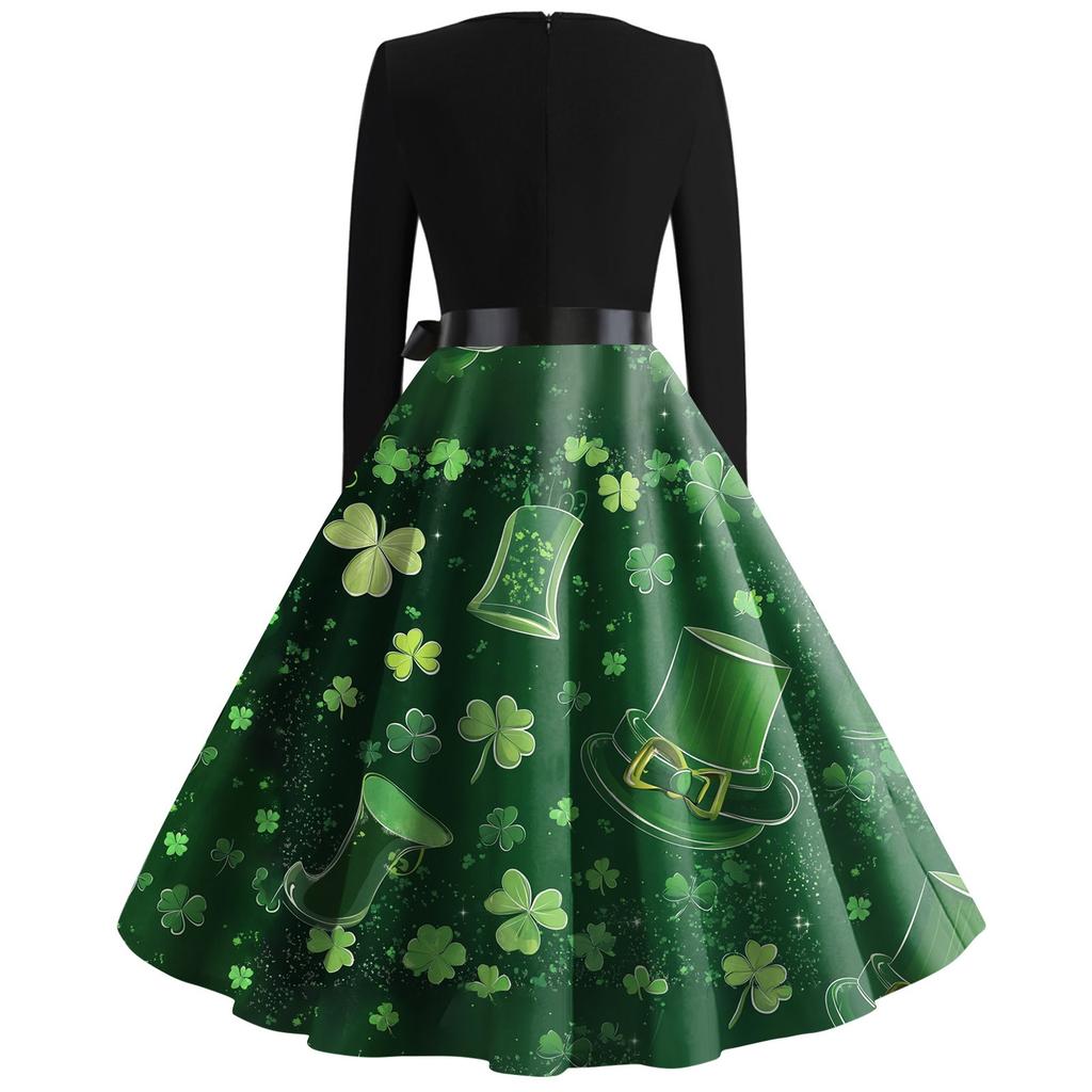 Women's Printed Round Neck Big Hem  Skirt Pleated Skirt Long Sleeved Dress Dress