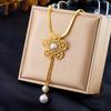 Gold Tone Flower Pearl Jewelry Set Snake Chain Necklace and Stud Earrings