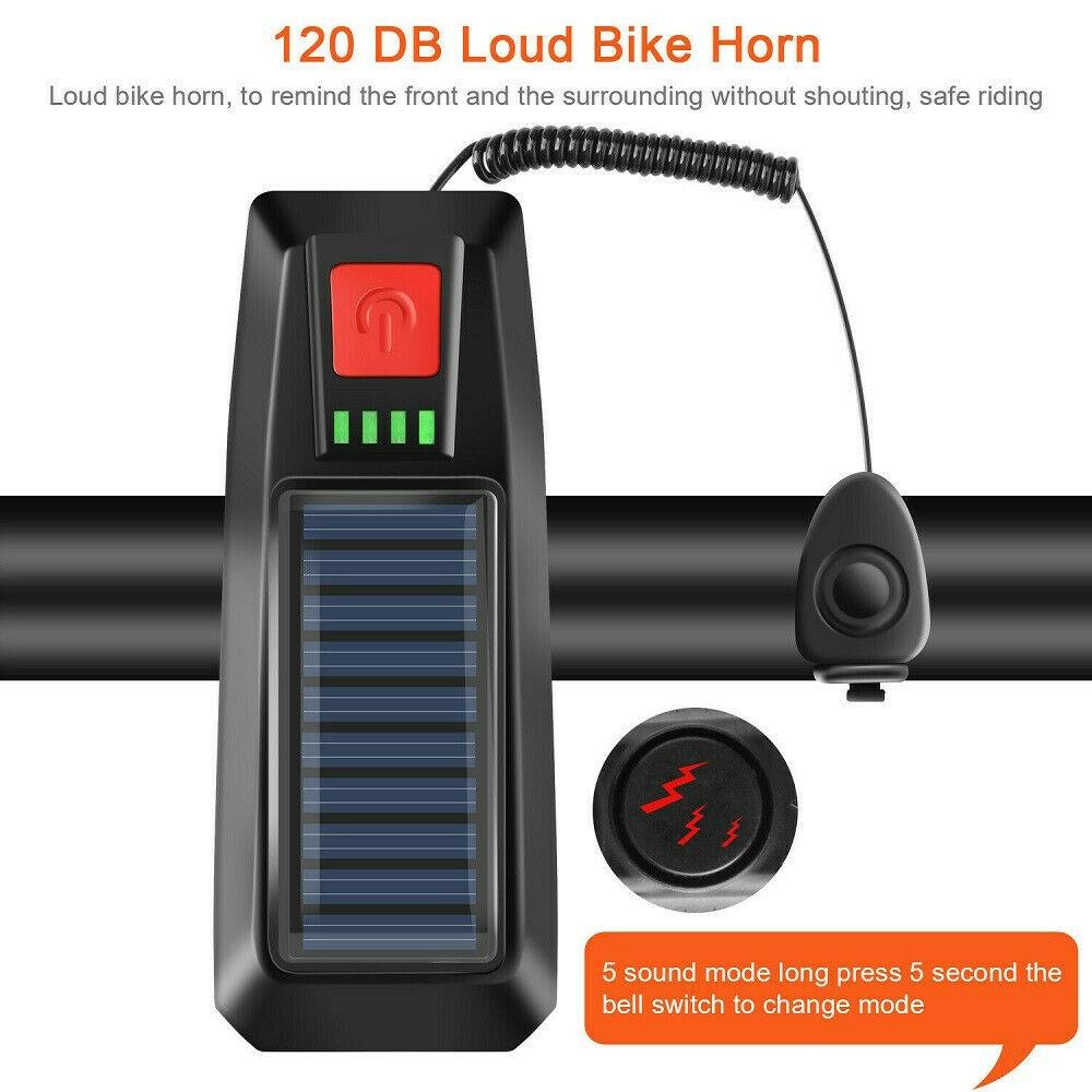 Lampă solară pentru bicicletă, reîncărcabilă prin USB, set de lumină și claxon pentru bicicletă, 3 moduri pentru echipamentul de călărit de noapte
