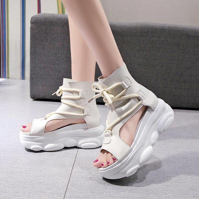 Sandały letnie damskie na wysokim obcasie, grube podeszwy, modne rzymskie buty, nowe, platformy, damskie, sandały z wysoką cholewką i zapięciem typu ryba