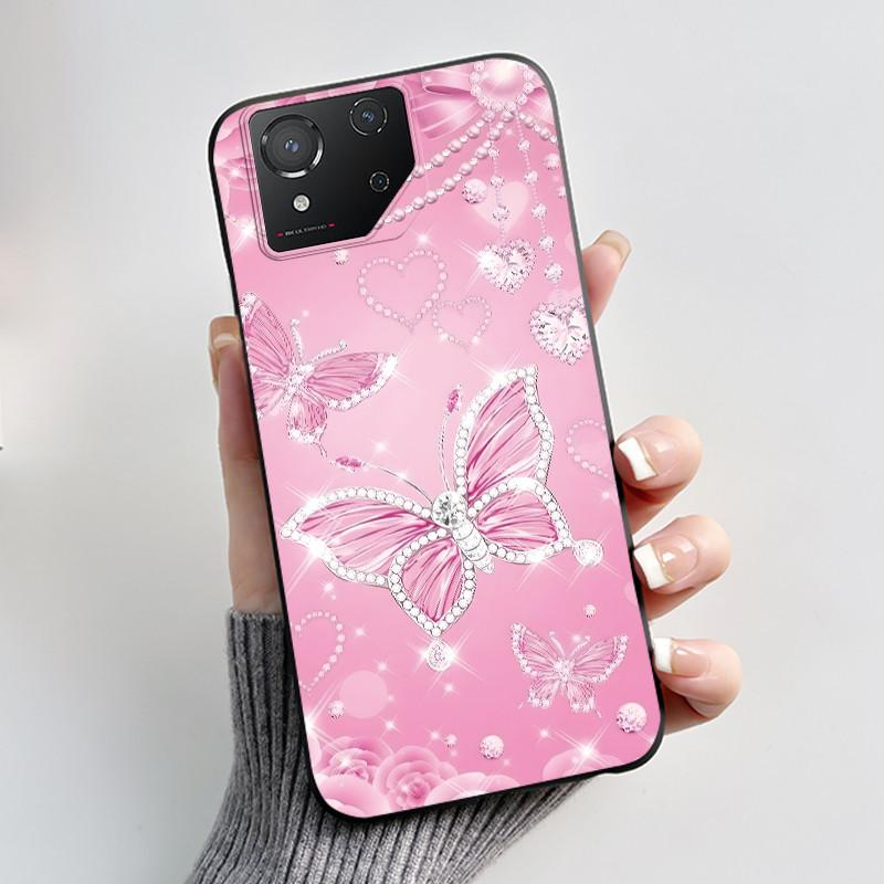 For ASUS ROG Phone 8 Case For ROG Phone 8 Pro Case Capa Soft Silicone Black Shell Cover Cute Flower Cartoon Printing Phone Cases