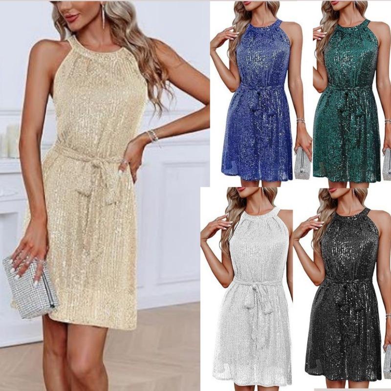 Women Sleeveless Halter Neck Sequin Bodycon Mini Evening Party Dress