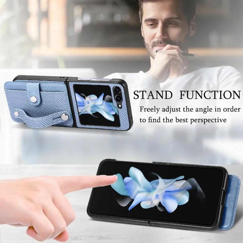 Wallet Case With Card Holder & Wrist Strap for Samsung Galaxy Z Flip 6 5 4 3 2 Flip6 Flip5 Flip4 Flip3 Flip2 5G PU Leather Cover