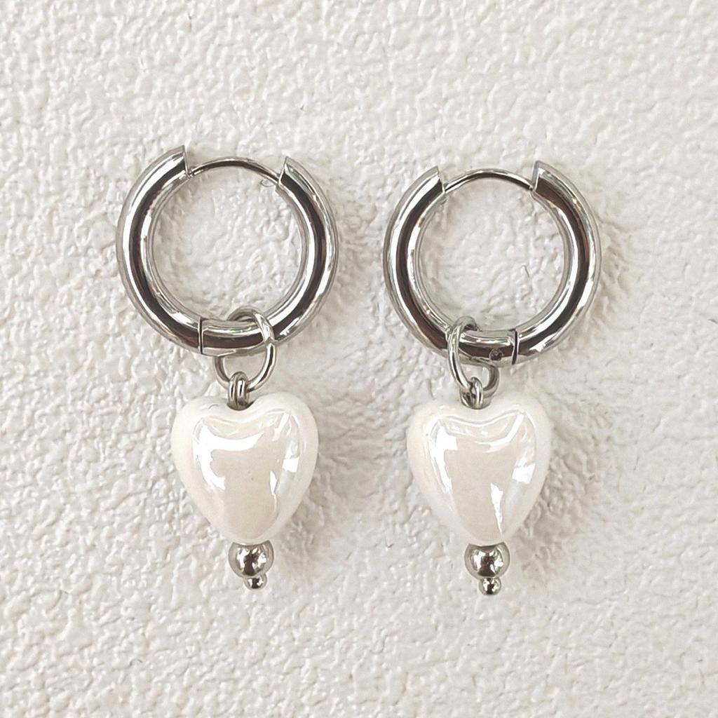 Stylish Elegant Sweet Biue Ceramic Heart Shape Pendant Earrings for Women Stainless Steel Double Ring Ear Cuffs Charm Jewelry