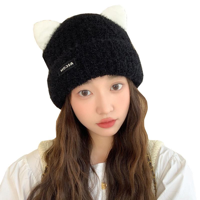 New Autumn and Winter Cute Cat Ear Knitted Hat for Women In Winter Warm Ear Protection Wool Hat Showing Face Small Pullover Hat Trendy