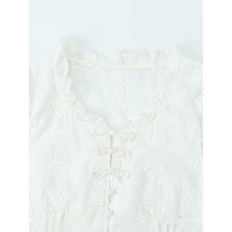 Kaslead New Arrival Women's Clothing Fashion Style National Style Minimalist Embroidered Chinese Knot Button Waist Trimming Short-Sleeved Tops