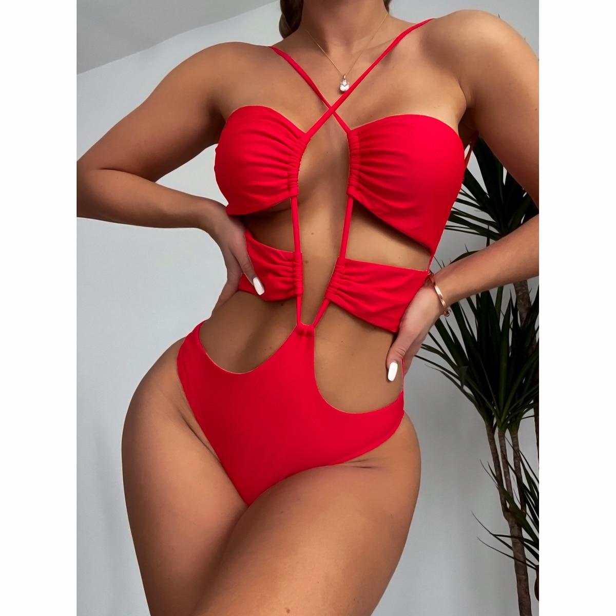 

Сексуальный женский цельный купальник с лямкой на шее, бандажный купальник для женщин, купальный костюм, пляжная одежда, монокини, купальные костюмы, купальники