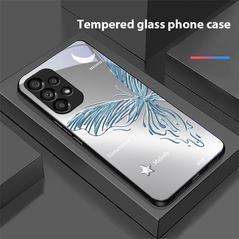 Metallic Butterfly For Samsung Galaxy S10 20 Plus 21 FE 22 23 24 FE 25 Ultra Black Tempered Glass Phone Case Hard Shell