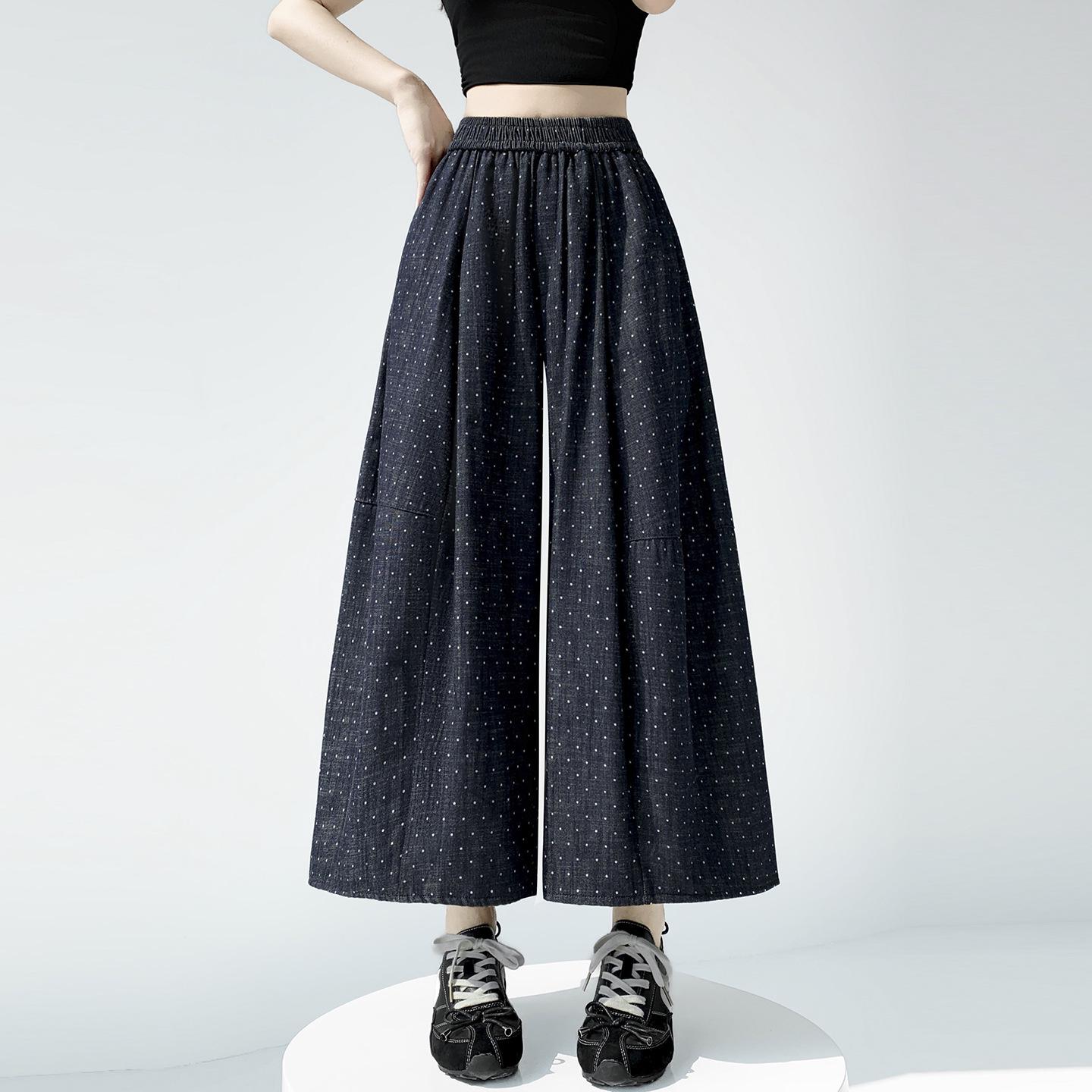 

Women s High-Waisted Polka Dot Denim-Look Wide-Leg Pants - Summer 2026 Fashion, Loose Cropped Straight-Leg, Casual Lazy Style. S синій