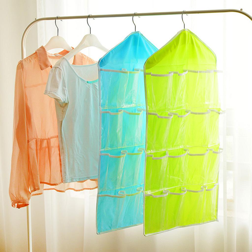 16 Grids Clear Hanging Clothes Storage Bag Transparent Laundry Closet Pocket Bag for Home Wardrobe Organizer Hanger Not Include