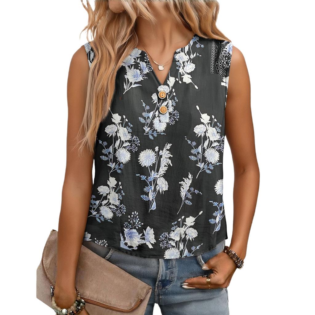 Women's Casual, Loose-Fitting, Printed, Sleeveless Linen Blouse