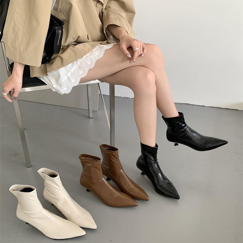 2025 Autumn New Fashion Soft Leather Back Zipper Low Tube Pointed Head Thin Heel Thin Internet Celebrity Martin Short Boots Women
