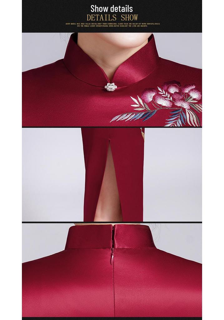Spring Chinese Style Acetate Satin Embroidered Long Cheongsam for Mother of the Bride/Groom