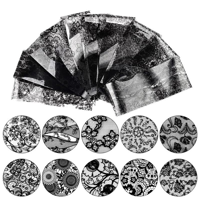 10Pcs Black Lace Nail Art Foils Set Top Floral Charmnail Transfer Sticker Paper