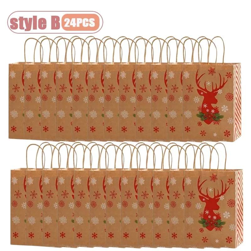 Handheld Christmas Gift Bag Kraft Paper with Handle  Printed Paper Bag Festive Gift Bag for Christmas Presents Party Supplies