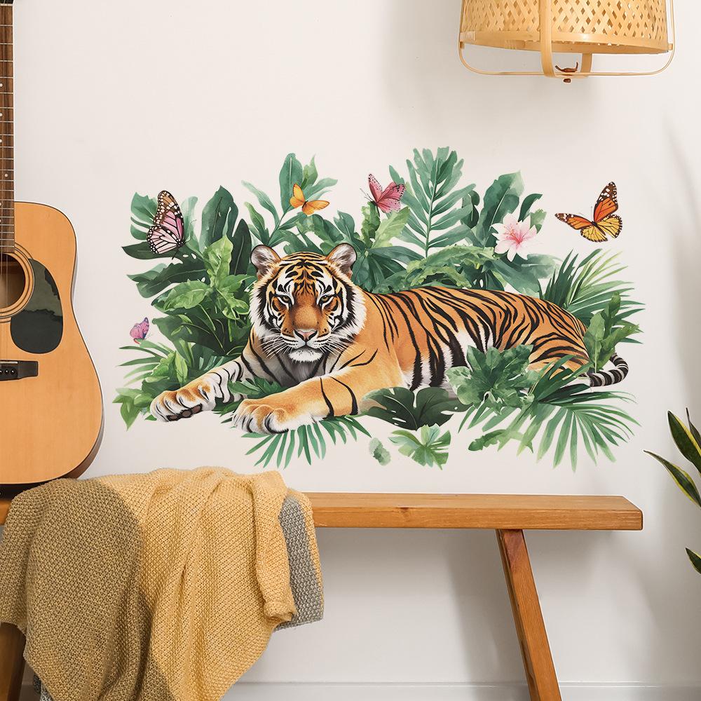 Tiger King of Jungle Wall Stickers with Lush Green Plants, Calming Wild Nature Wall Art for Bedroom and Living Room Home Decor