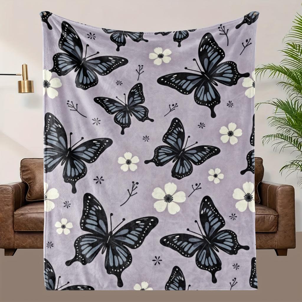 Contemporary Butterfly & Floral Print Throw Blanket - Soft Breathable  Polyester, All-Season Cozy Decorative Accent For Couc