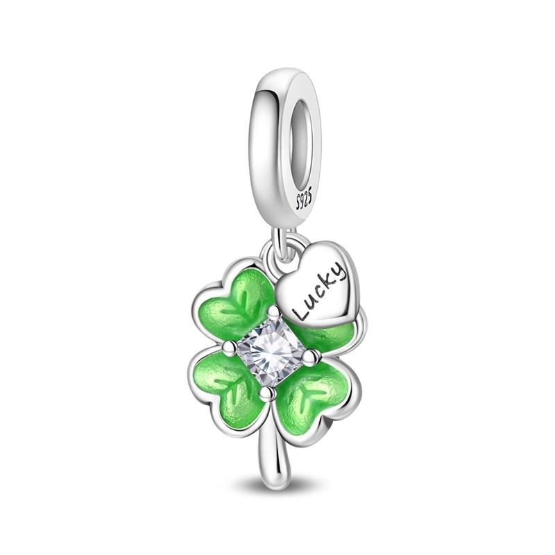 Luck Charm 925 Silver Four Leaf Clover Green Tree Frog Turtle Bead Pendant For Bracelet Women DIY Jewelry Gift