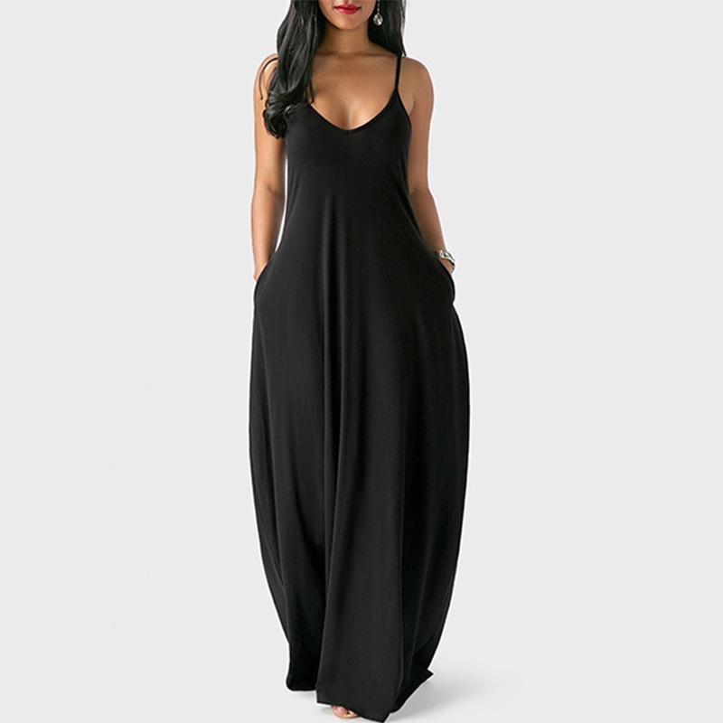 2022 European Summer Plus Size Women's Solid Color Deep V Spaghetti Strap Long Dress