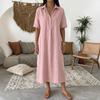 Damen lockeres kurzärmeliges Polo-Kleid für den Sommer, einfarbig, V-Ausschnitt, langes Kleid