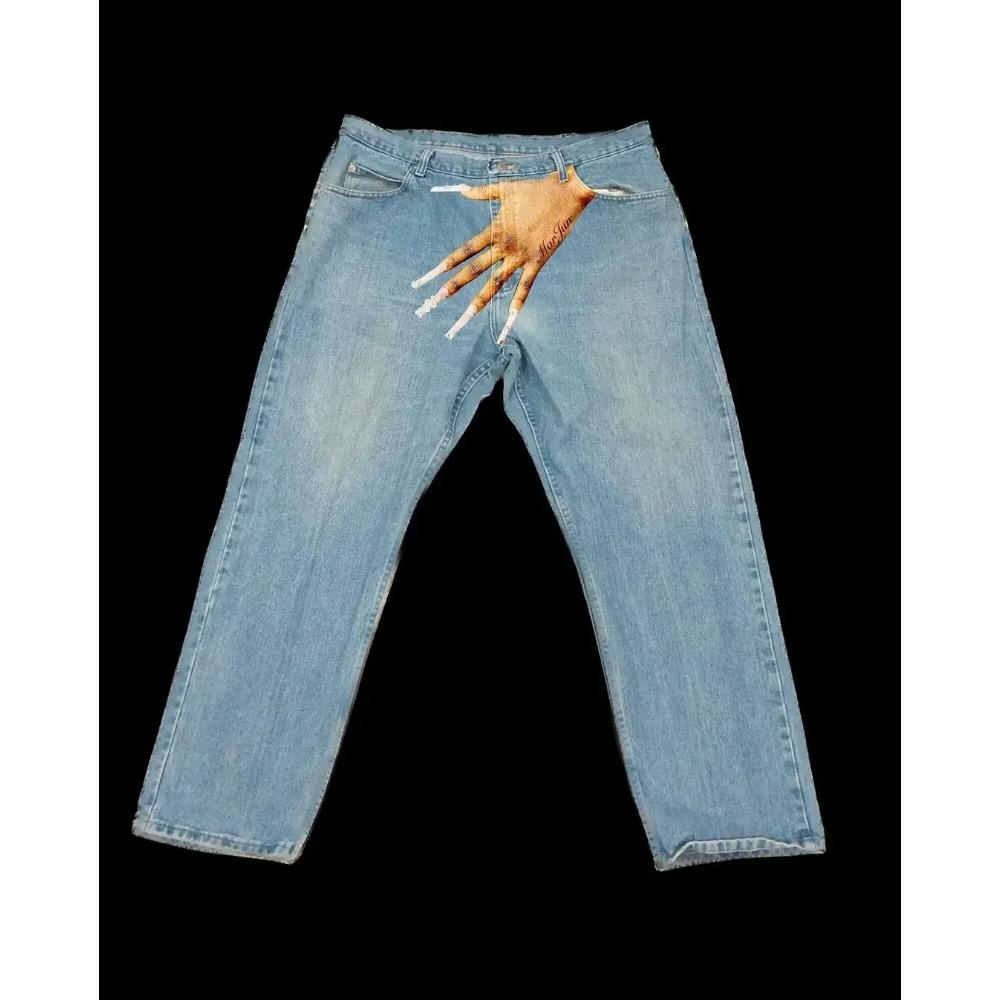 

Джинсы Streetwear Y2K Gothic Hip Hop Finger Graphic Print Retro Blue Baggy Jeans Men Women Fashion High Talya Wide Leg Брюки XL