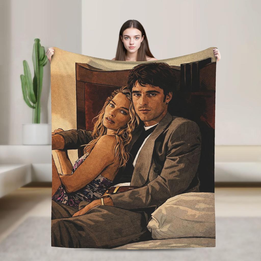 Coperte Jacob Elordi e Margot Robbie Stampa Flanella Traspirante Calda Coperta da Lancio per Casa Divano Biancheria da Letto Coperte
