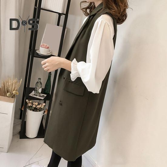 Høst Vår Dame Vest Nedrekket Krage Dobbeltspent Løs Ermeløse Knelengde Lommer Cardigan Ensfarget Daglig slitasje Vest Frakk