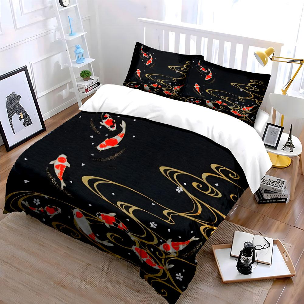 Koi and Golden Water Patterns Bedding Set for Kids Luxury Gift 3pcs Digital Print Comforter Set Soft Comfortable Breathable