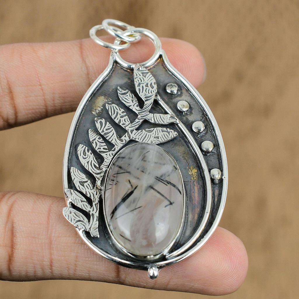 Natural Black Rutile Gemstone Pendant 925 Sterling Silver Jewelry For Women