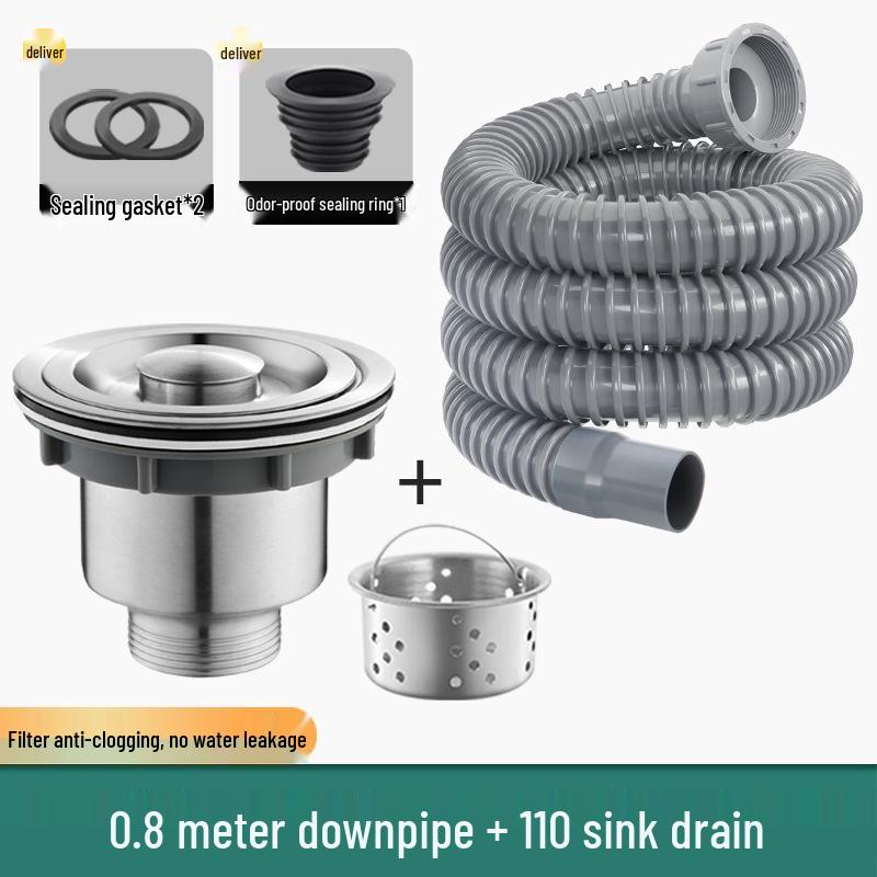Stainless Steel Kitchen Sink Drainer Set with Leakproof Stopper and Drainage Accessories - 110.