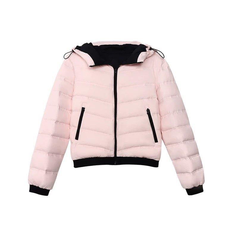 Splicing hooded new ribs contrasting color cotton clothes new simple casual winter warm short cotton coat