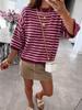 Women's Color Block Horizontal Stripe Knitwear - Casual Loose Batwing Mid-Sleeve Short Pullover Sweater