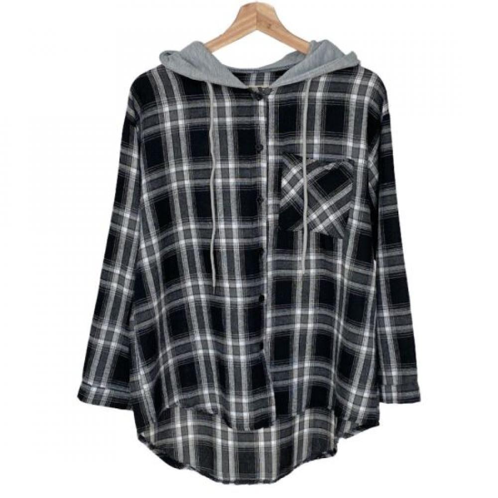 From Heart Women Loose Fit Check Hooded Oversized Shirt