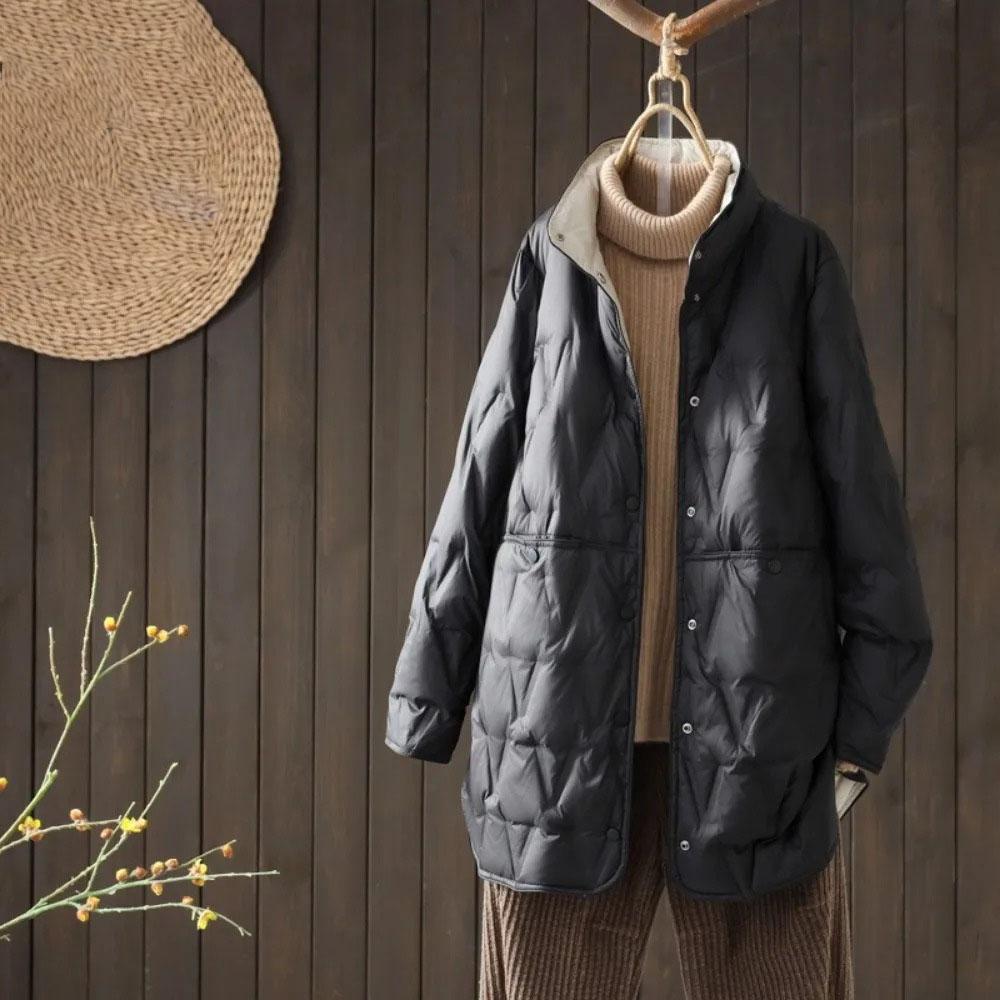 Autumn Winter Women Ultralight Long White Duck Down Jacket Female Single-Breasted Double Sided Puffer Jacket Women