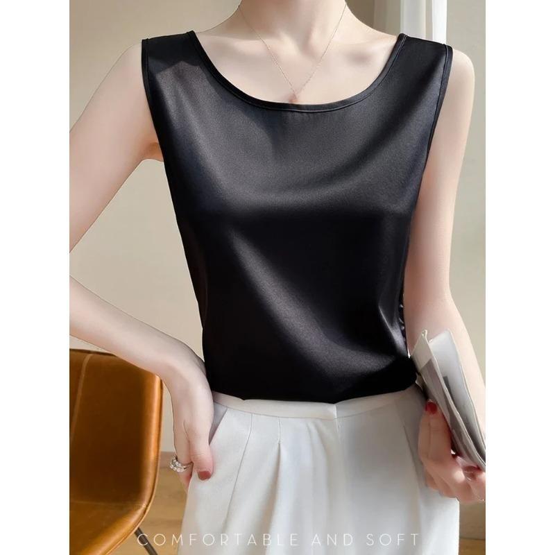 Summer Silk Camis Women's T Shirts Sleeveless Vest Satin Tank Tops Office Elegant Fashion O Neck Champagne BlouseTop Women