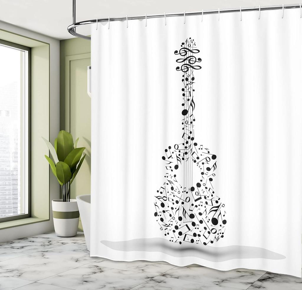 Music Guitar Shower Curtain Musical Notes Design Black White Art Bathroom Decor Waterproof Fabric Creative Home Accessories