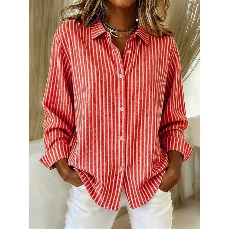 Fashionable Striped Vintage-Style Women's Long-Sleeve Shirt Comfortable And Breathable Collared Shirt Casual Everyday Wear Top