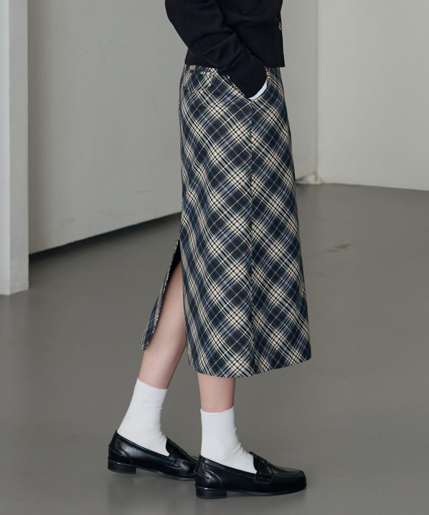 Deuloupisumeon Bias Check Goldish Midi Skirt [Navy]