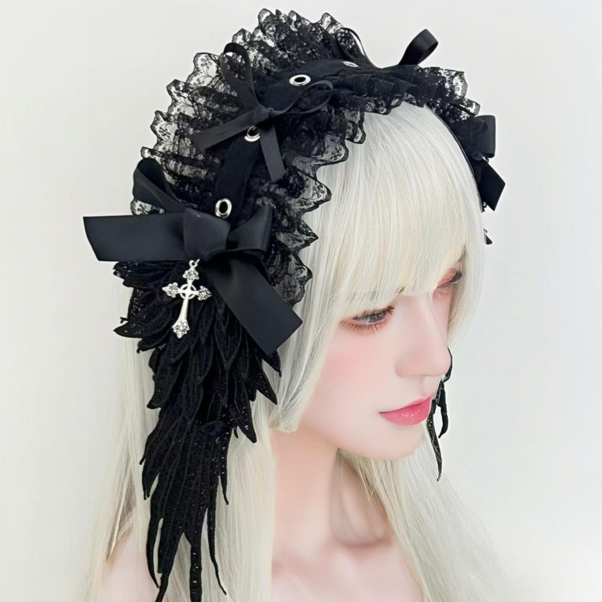 

Gothic Harajuku Steampunk Y2K Wing Headwear Bow Headband Lolita Gothic Dark Angel Headwear and Hair Accessories чёрный