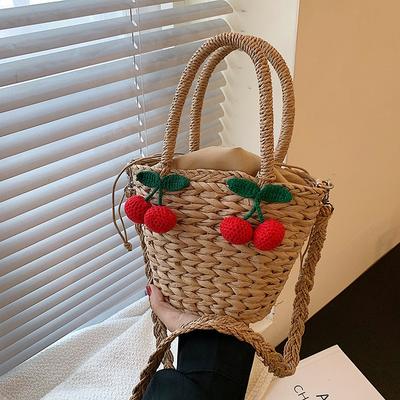Niedliche Kirsch-Webtasche Sommer Gras gewebte Tragetasche Strandurlaub Strand Crossbody Eimer Tasche