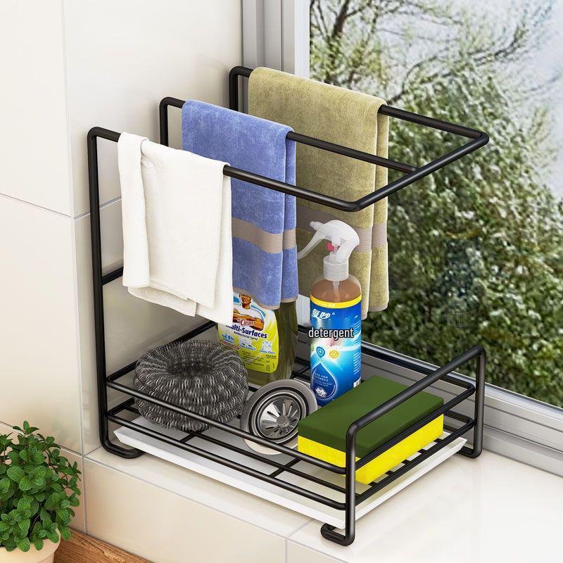 No-Drill Wall-Mounted Towel and Sponge Drying Rack with Multi-Functional Kitchen Storage