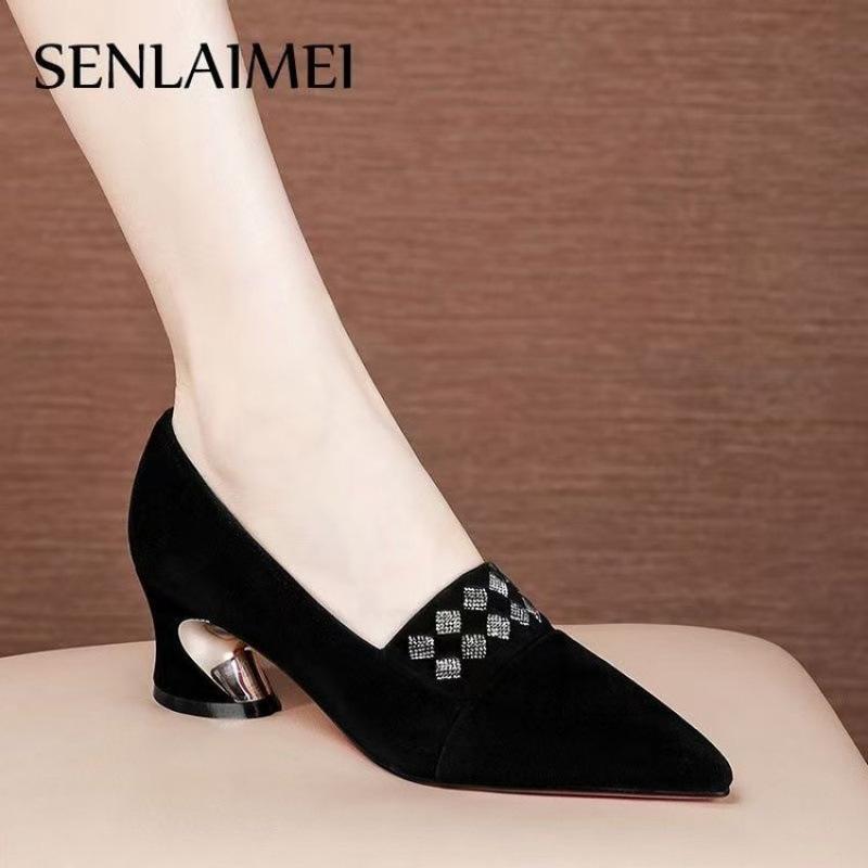 French High Heels Women's 2025 Spring and Autumn New Versatile Black Medium Heel Pointed Single Shoes Work Shoes