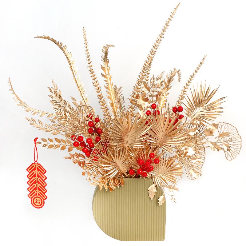 Golden Artificial Plants New Year 2025 Ornaments for Home Room Decor Navidad Christmas Decoration Fake Flowers Vase Accessories