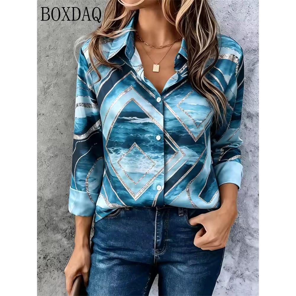 Casual long sleeved lapel women's blouse abstract 3D print loose button women's shirt autumn fashionable women's tops 2026