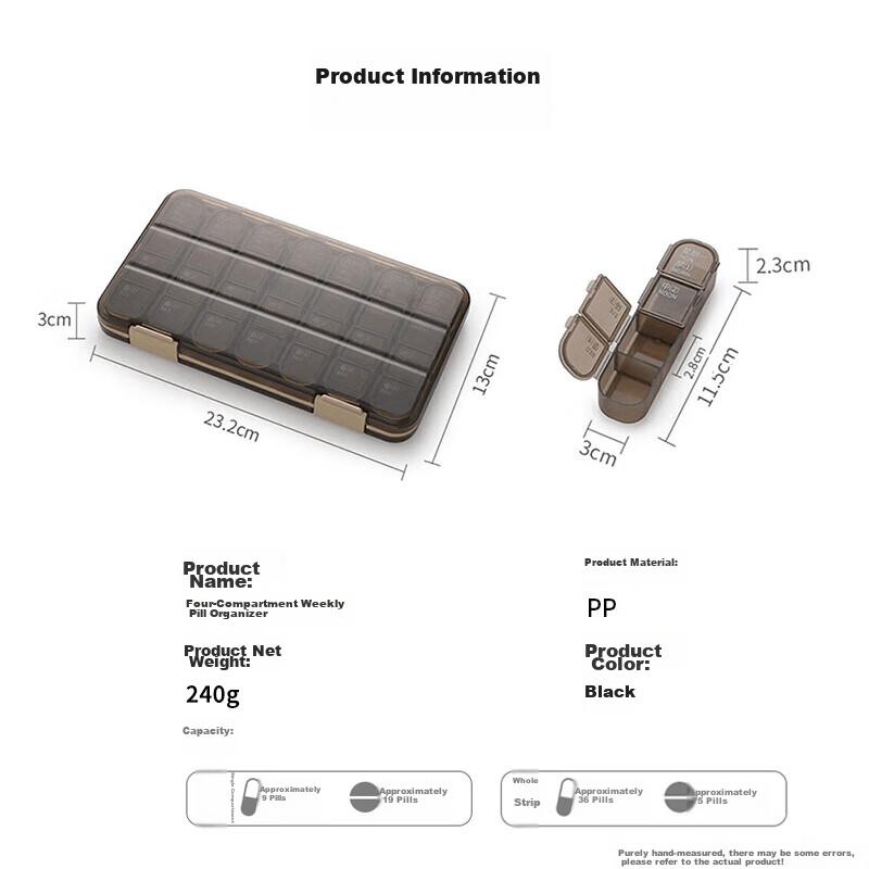 Jinlongxing Pill Organizer Box with 28 Compartments, Weekly Pill Reminder, Daily Medication Reminder, Portable Pill Dispenser for Elderly