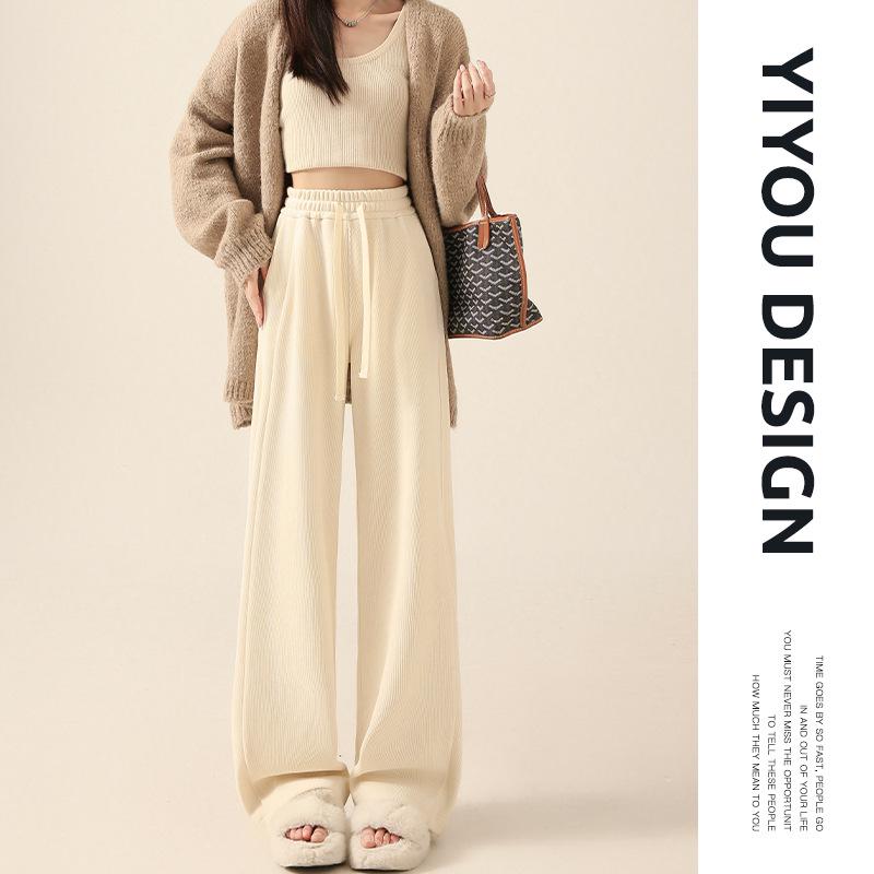 Women's Khaki Chenille Fleece-Lined Wide-Leg High-Waist Trousers: Sporty, Casual, Straight-Leg for Spring, Autumn, Winter.