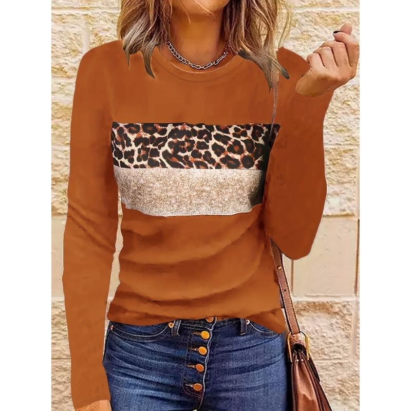 Women Fashion Leopard Printed T-Shirts Basic Casual O Neck Full Long Sleeve Tee Shirts Ladies Chic Knitted Tops