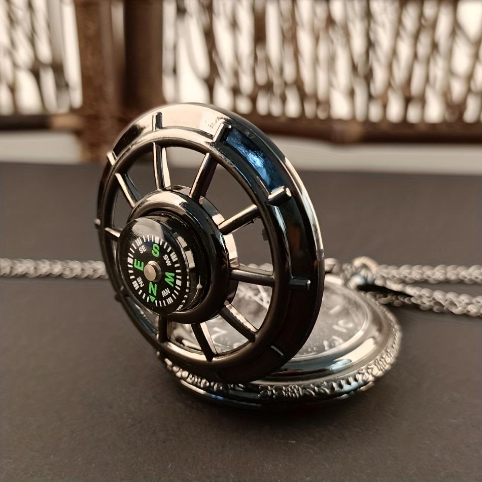 Vintage Black Compass Design Quartz Pocket Watch, With Necklace Pendant, World-Time Feature, Pointer Display Pocket Watch