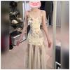 French beautiful romantic pink fairy dress long thin atmosphere temperament seaside vacation style dress summer