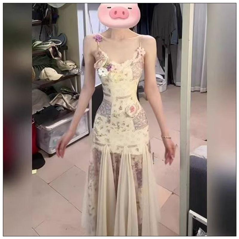 French beautiful romantic pink fairy dress long thin atmosphere temperament seaside vacation style dress summer